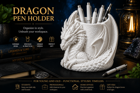 Dragon Pen Holder STL: Mythical Desk Organizer for 3D Printing