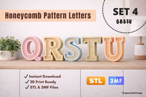 Honeycomb Pattern Letters: 3D Printable Alphabet Set Q-U